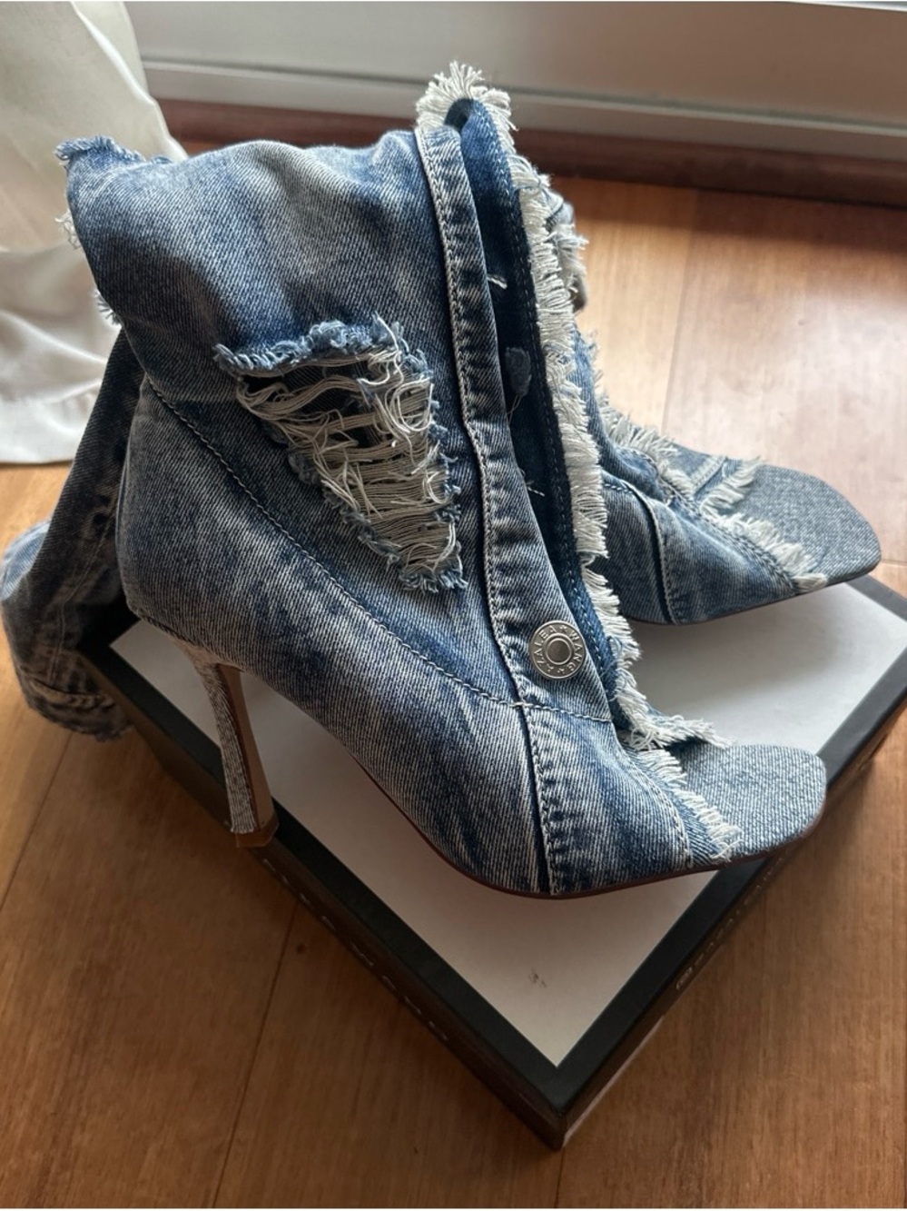 Frayed Denim Stiletto Ankle Boots - Blue